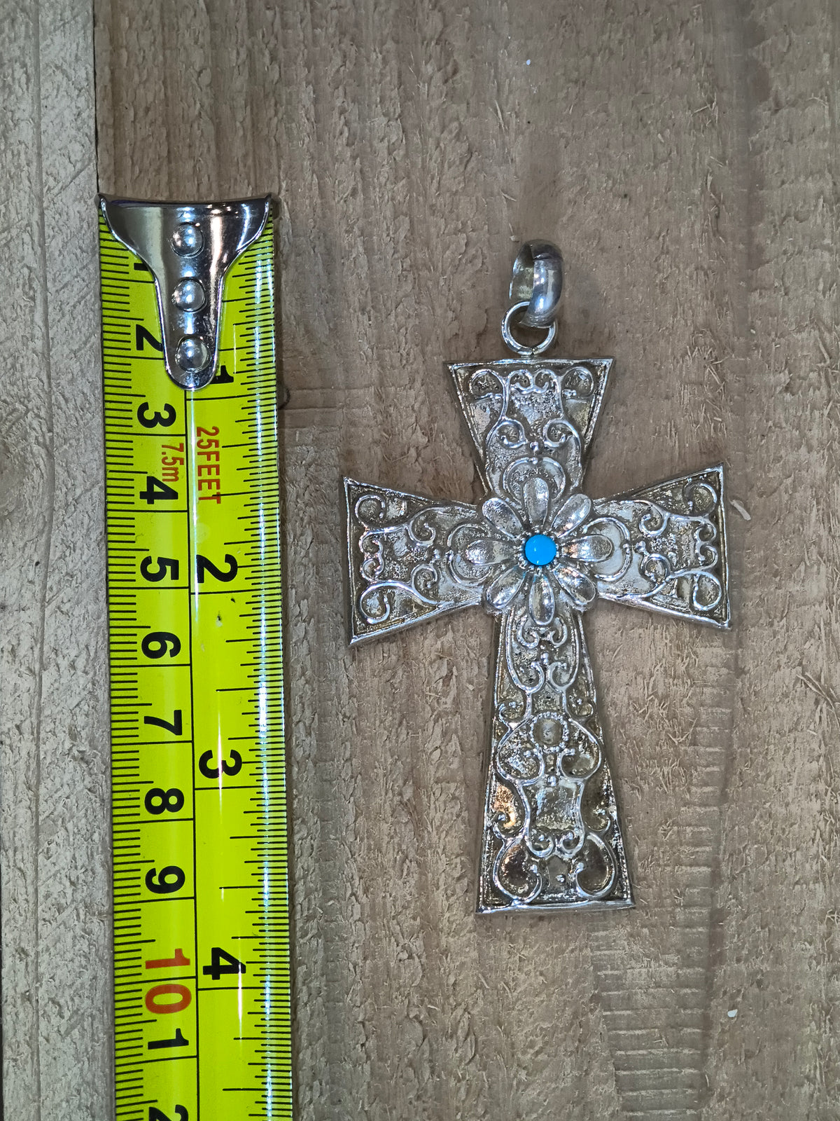 Heavy Silver Cross Pendant with Turquoise and a 10mm Bail by Virick Laweka, Zuni