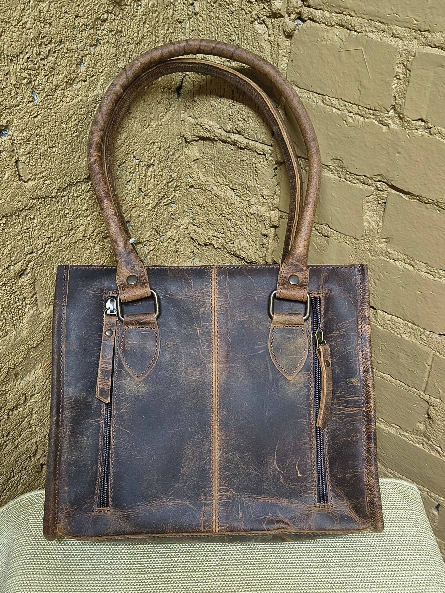 Brown Tooled Leather Small Tote Handbag w Strap