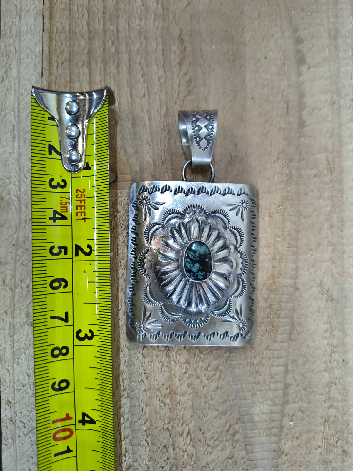 LOT 82 B 9/20 Mantis Turquoise Square Concho Pendant with a 13.5mm Bale by Delbert Secatero, Navajo