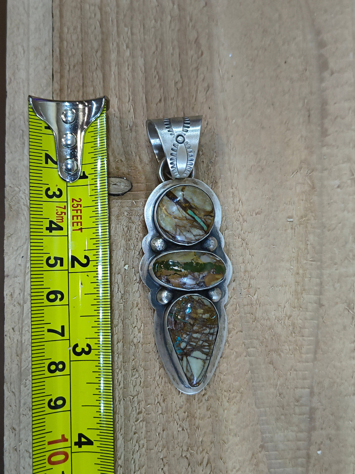 Boulder Ribbon Turquoise 3-Stone Pendant 12mm Bail by Delbert Secatero, Navajo