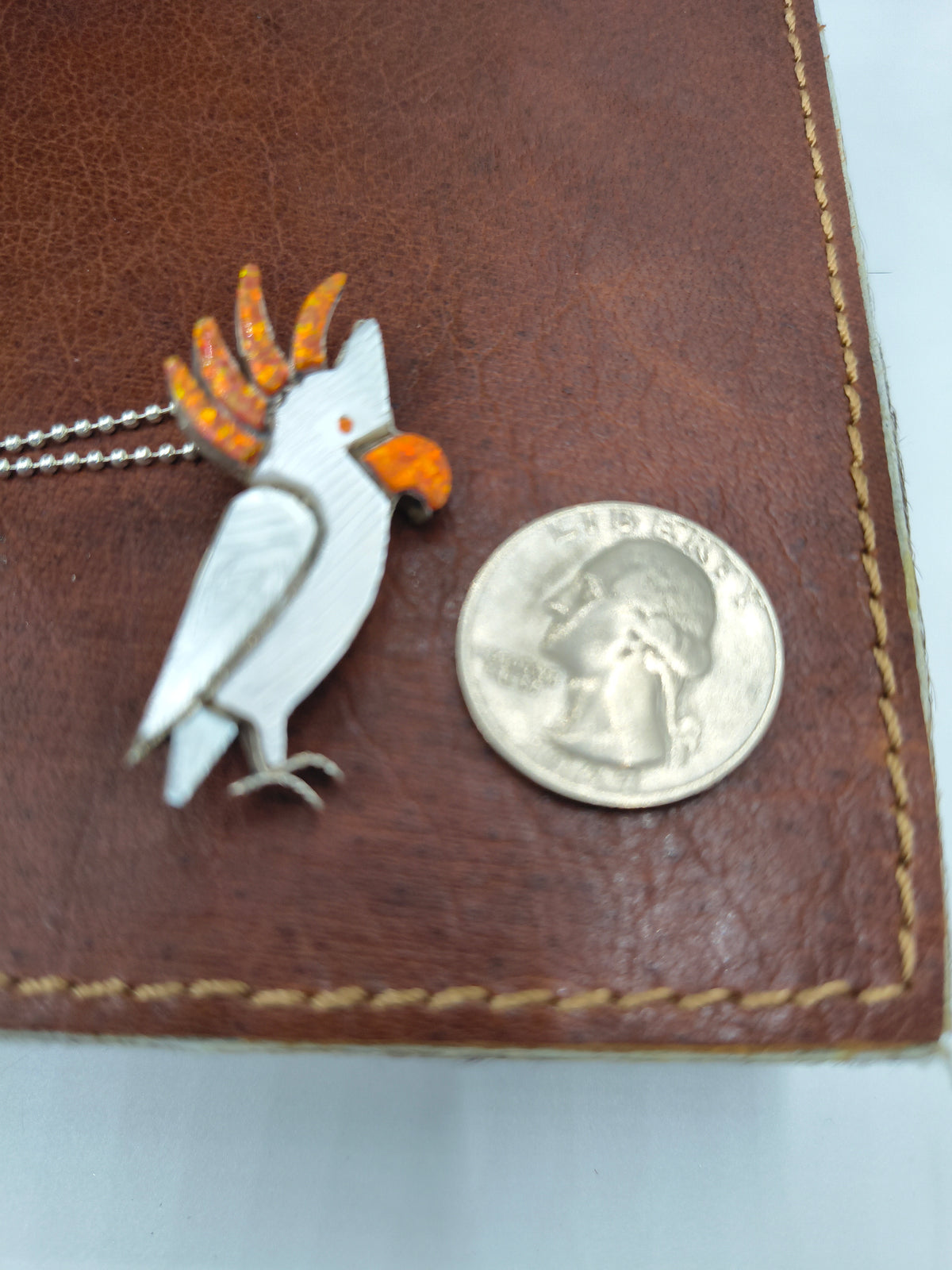 18” Citron-Crested Cockatoo Mother of Pearl, Orange Opal Inlay in Pin/Pendant