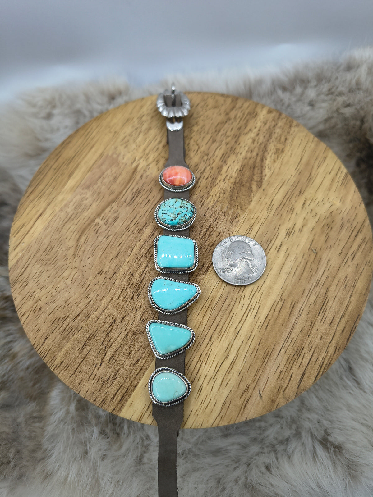 6.25”-9” 6 Stone Turquoise & Spiny Oyster Bracelet on Leather by “BW”, Navajo