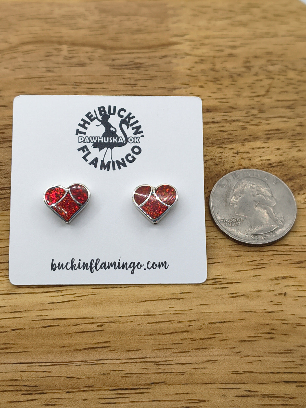 Red Opal Fish Scale Inlay Heart Post Earrings by Lynelle Johnson, Zuni