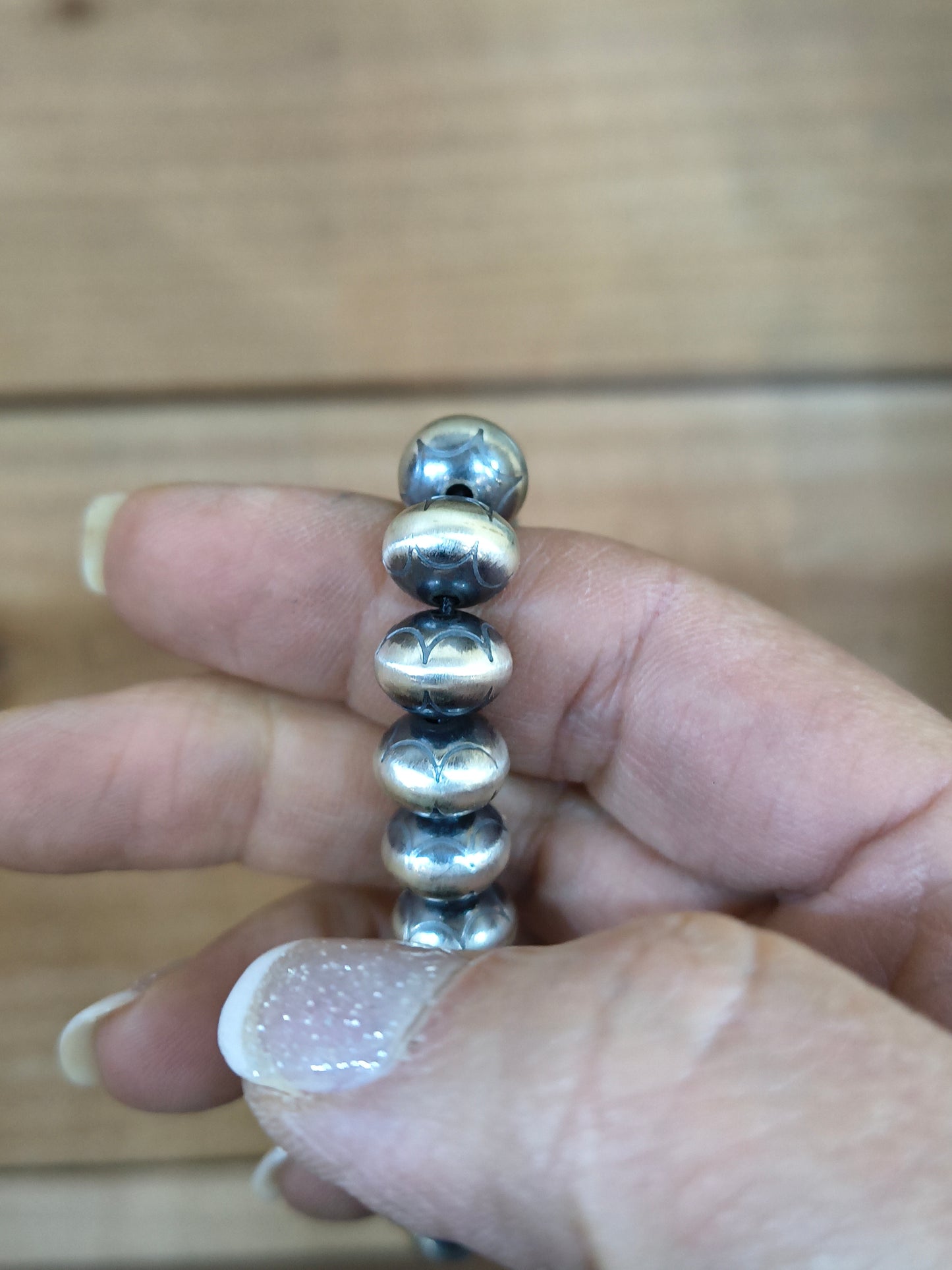 7" 10mm Navajo Handmade Stamped Pearl Stretchy Bracelet