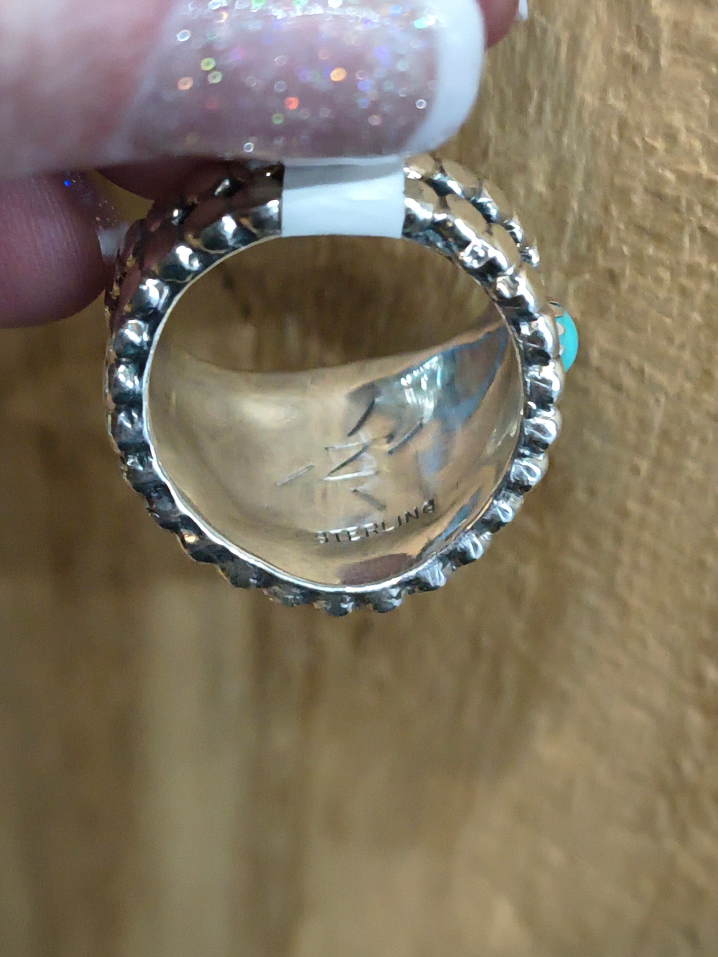8.5 10 Stone Turquoise Ring by Kenny Lonjose, Navajo