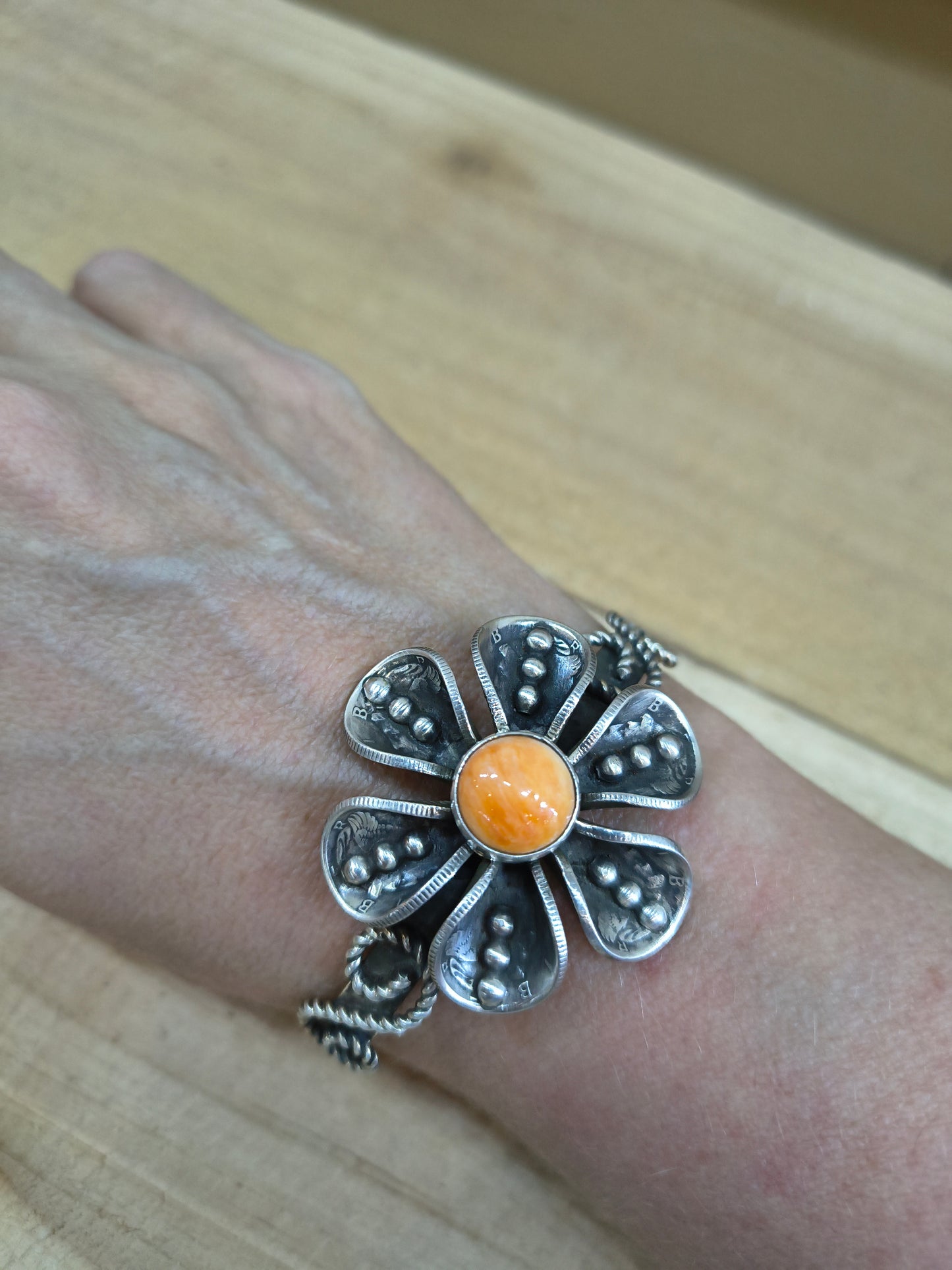 Orange Spiny Oyster Shell with Mercury Dime Flower Cuff Bracelet by James Begay, Jr., Navajo