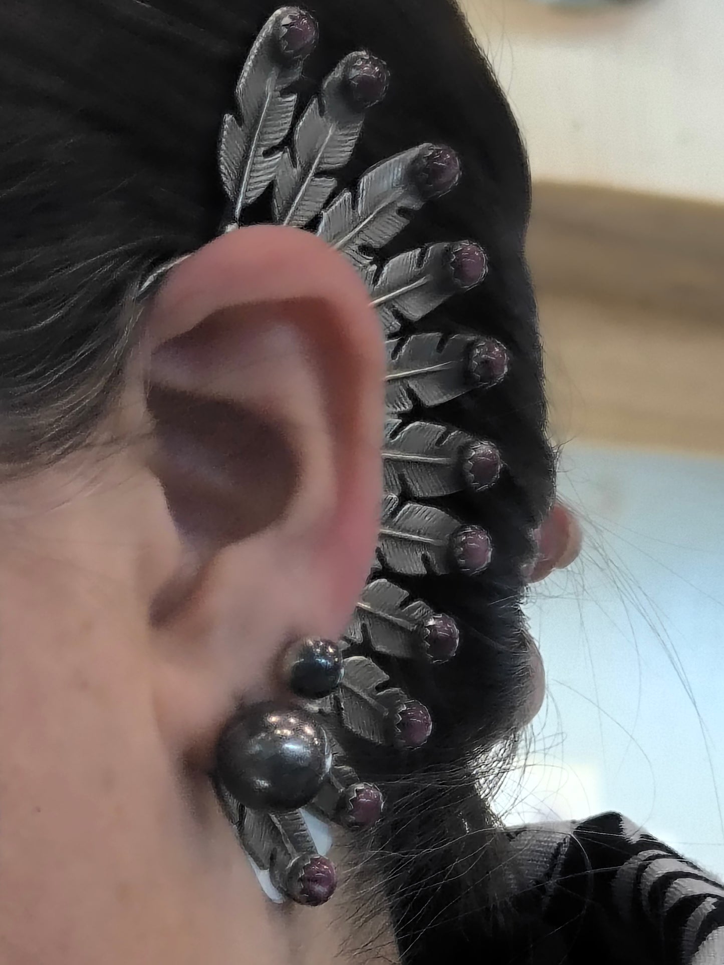 Purple Spiny Oyster Feather Ear Cuff