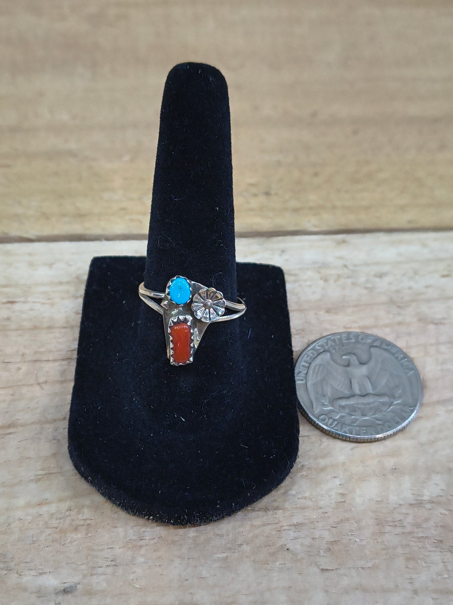 7.0 Turquoise and Coral Ring by Dorothy Yazzie, Navajo