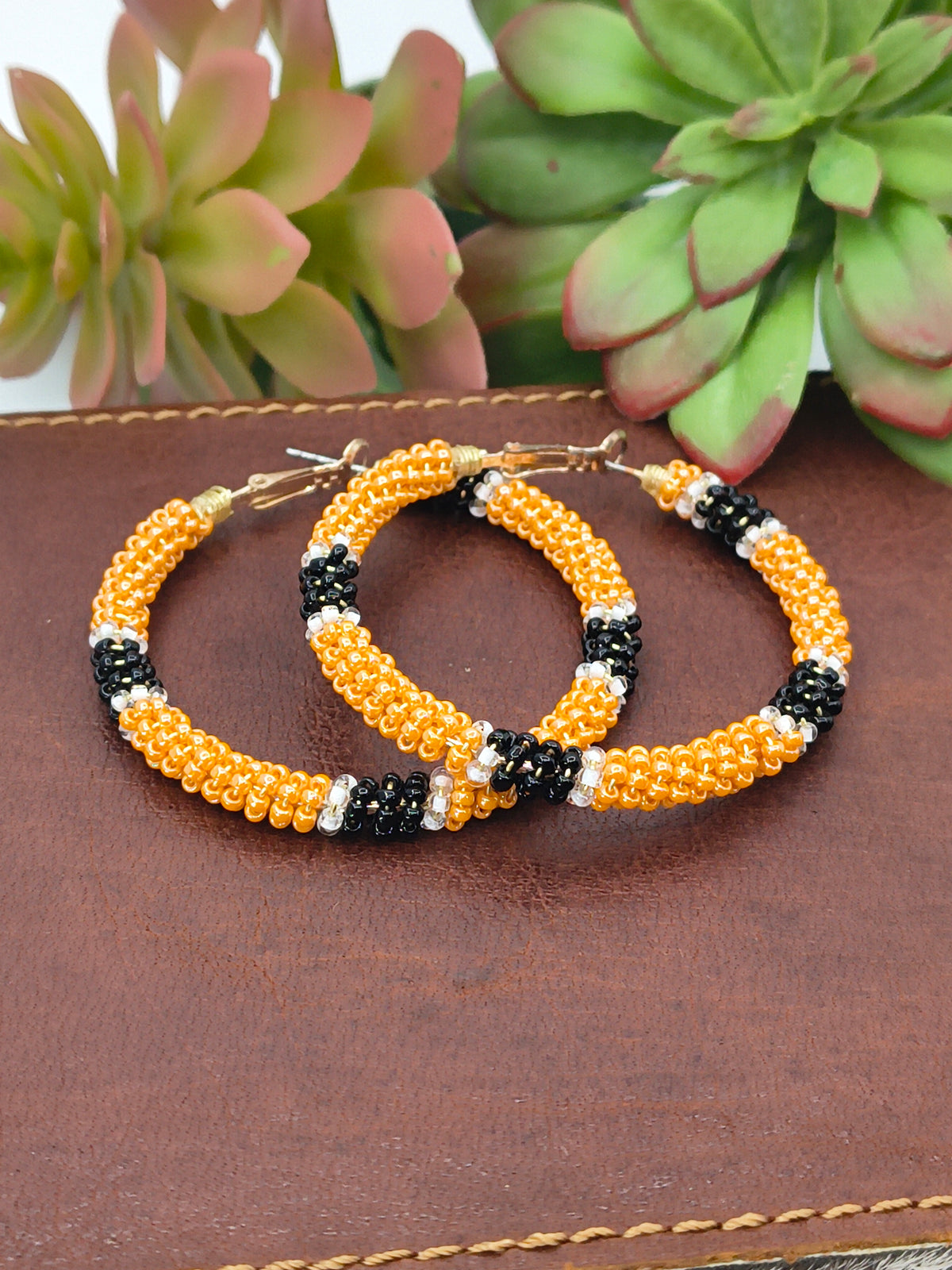 Orange/Black Hoop Earrings by Lillian Steele, Apache