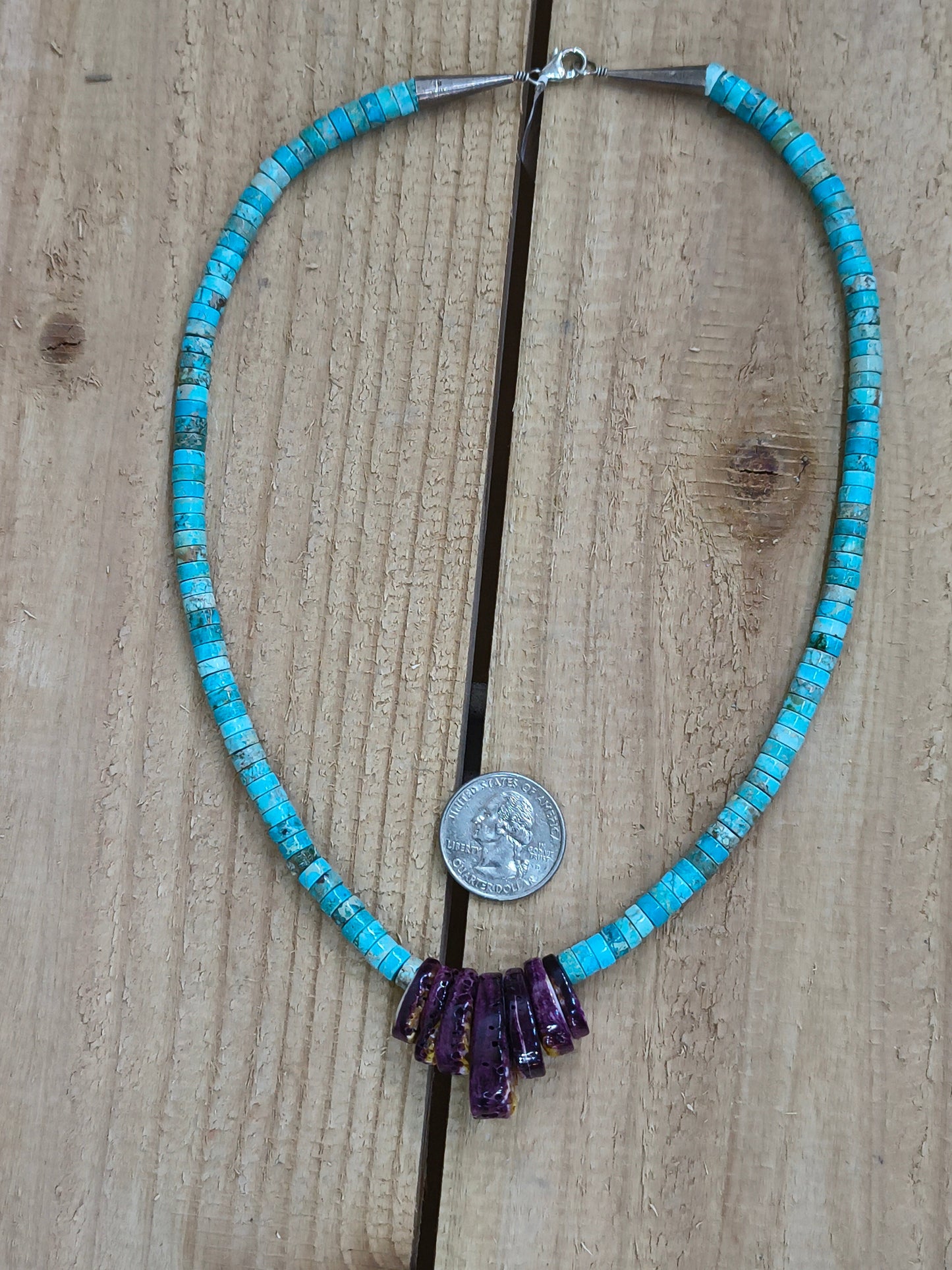 19" Purple Spiny Oyster and Turquoise Heishi Necklace