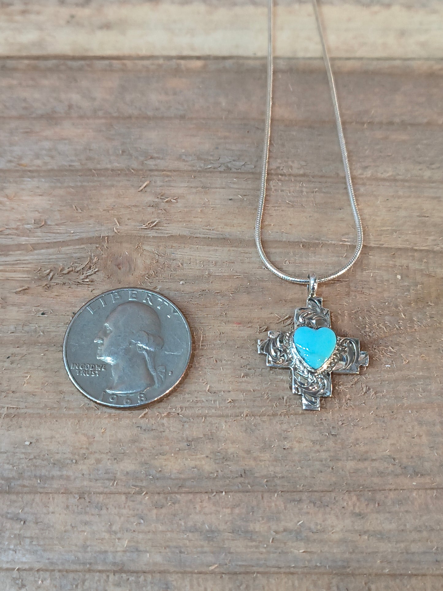 Turquoise Heart in Zia Stamped Pendant on 16" necklace