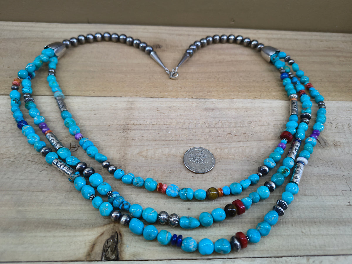 30" 3 STRAND CHUCKY BEAD NECKLACE ON 10MM NAVAJO STYLE PEARLS MULTI STONE