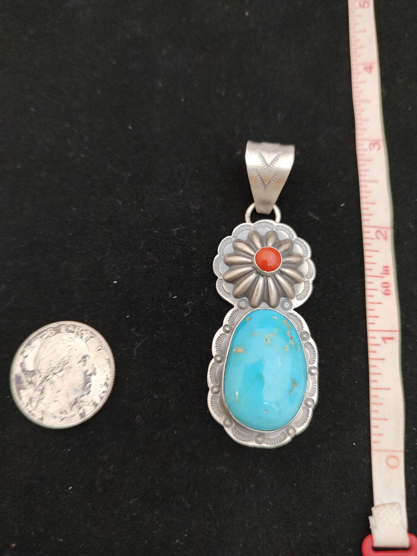 White Water Turquoise with Round Coral Pendant by Gilbert Platero, Navajo
