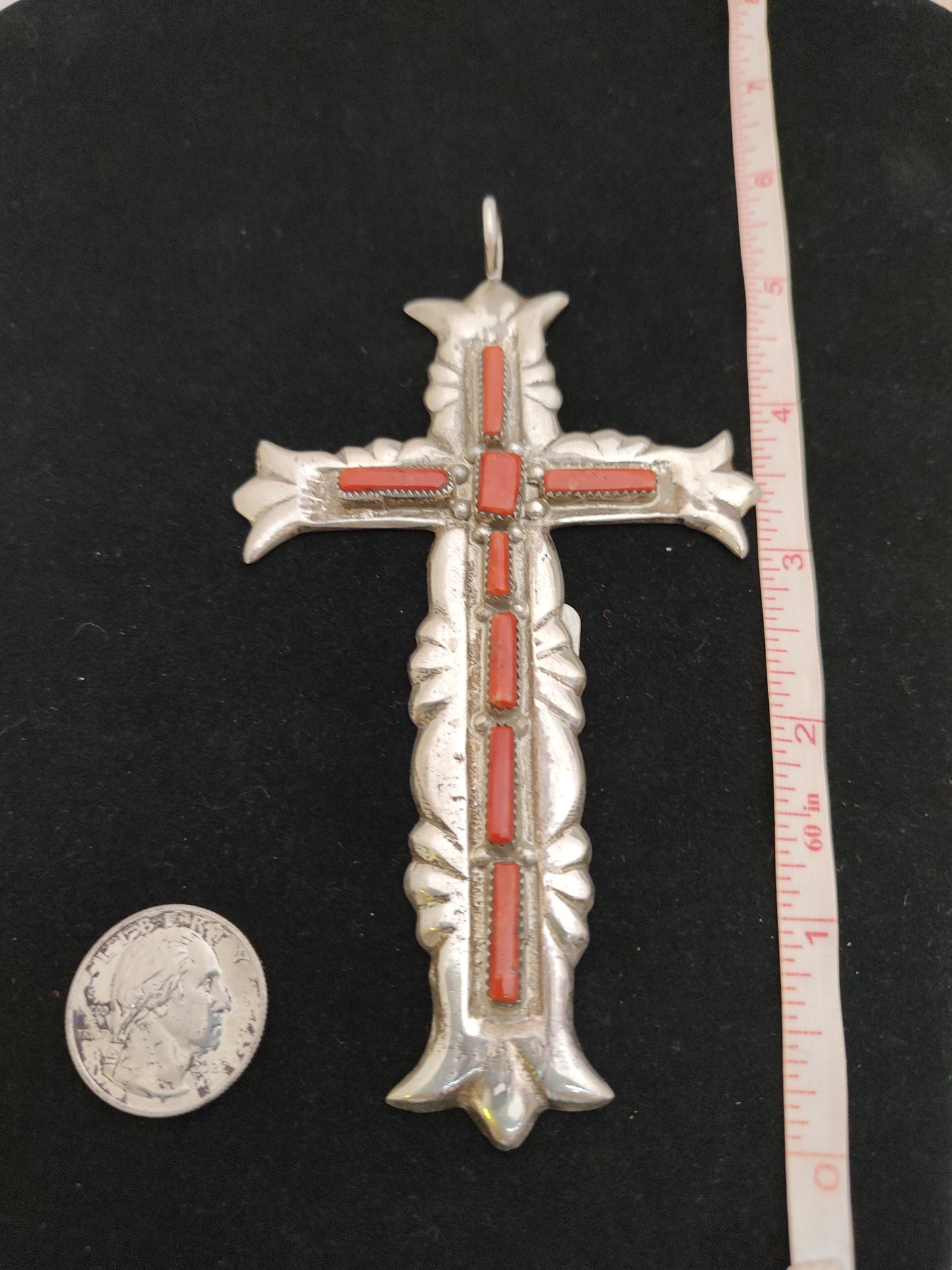 Natural Italian Coral Large Cross Pendant by G & L Leekity, Zuni