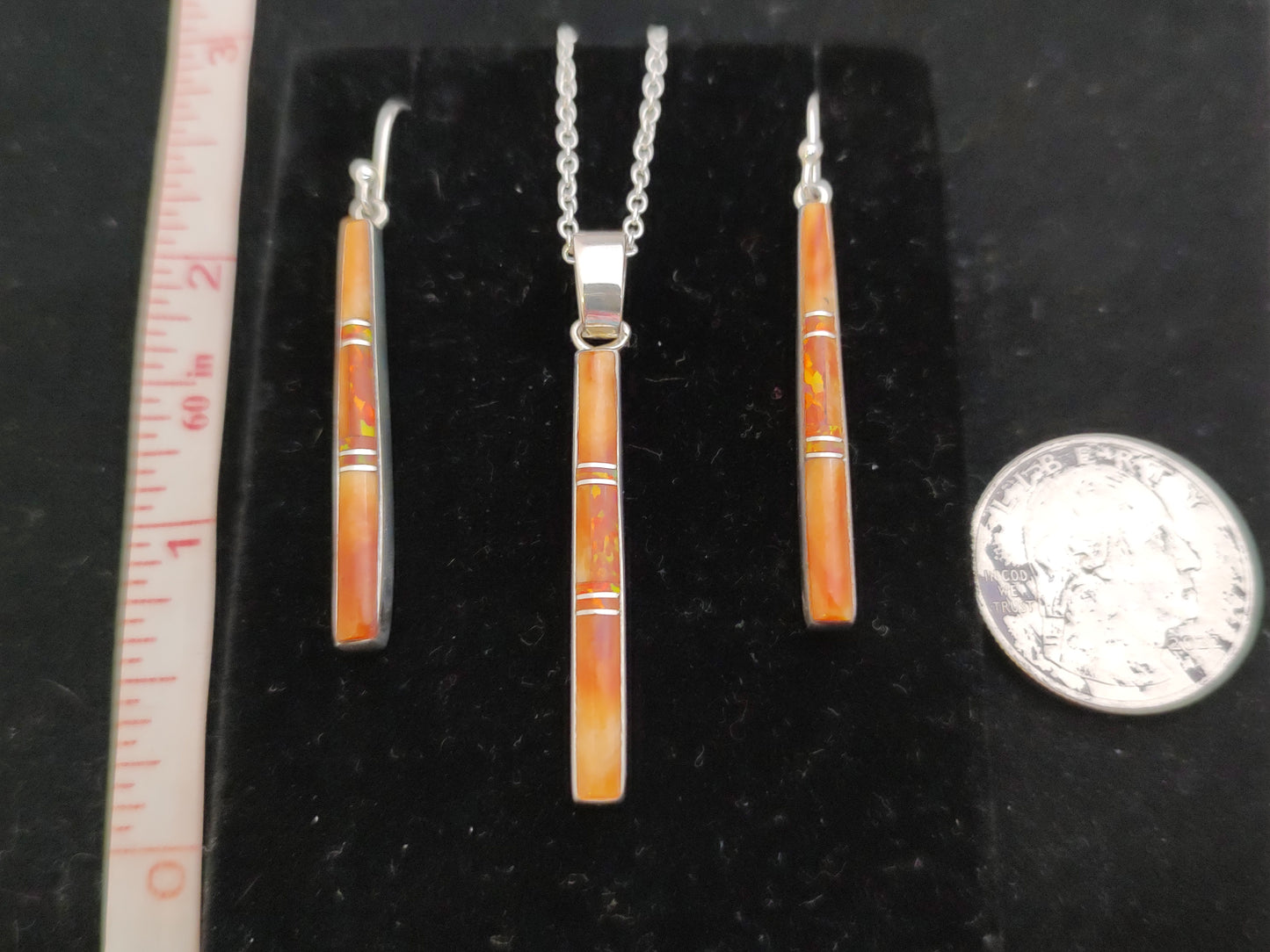 Spiny Oyster with Orange Opal Zuni Inlay Pedant and Earring Set with 18 inch Silver Necklace - Matching Set
