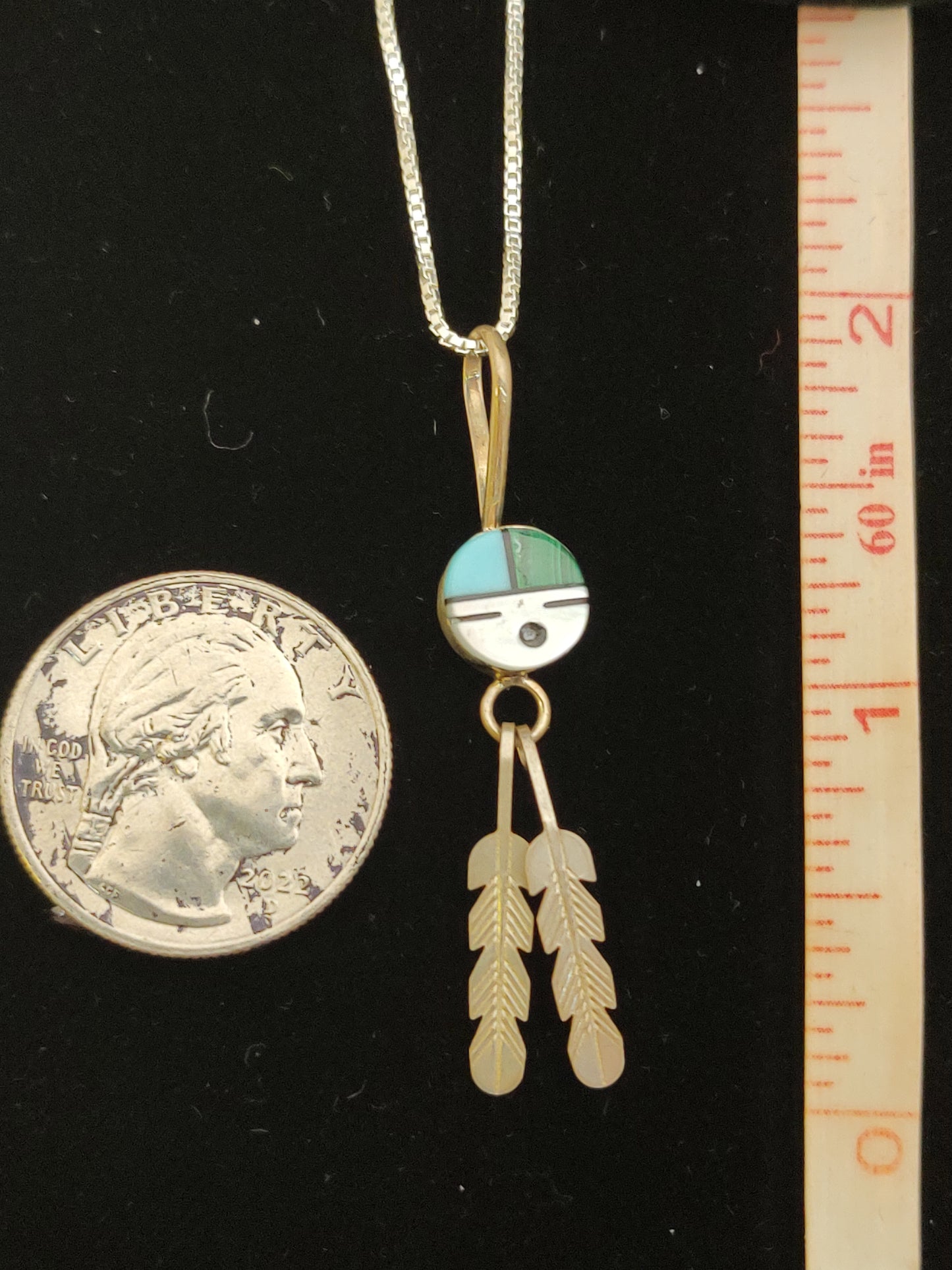 Malachite, Turquoise, Mother of Pearl, and Black Jet in Zuni Sun Face with Two Feathers on a 15 1/2 inch Necklace
