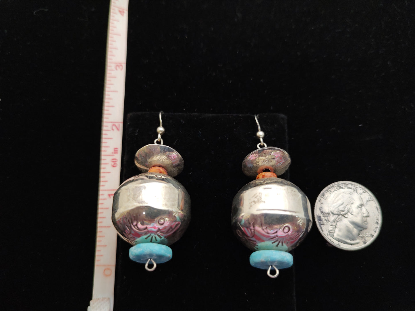 Turquoise and Spiny Oyster on Large Silver Bead with Etching on Hook Earrings