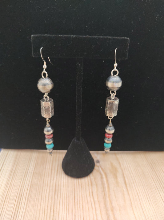Navajo Pearl Dangle Earring with Coral and Turquoise