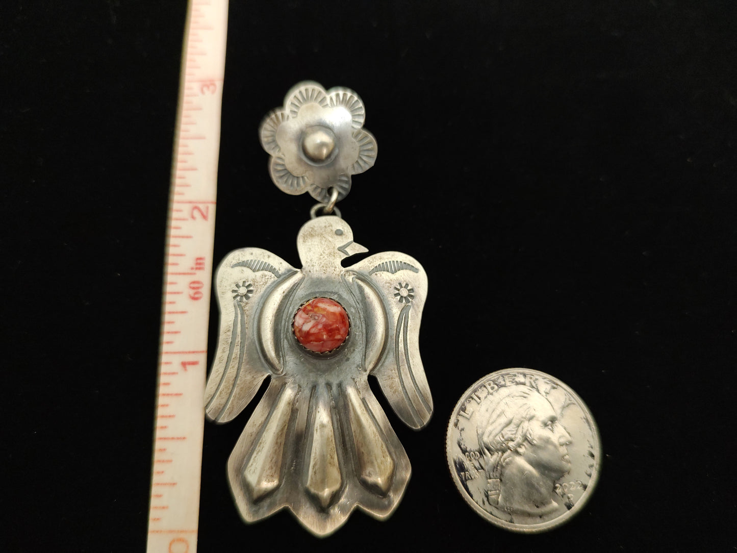Rhodochrosite Cabochon on Silver Birds Dangling from Flowers