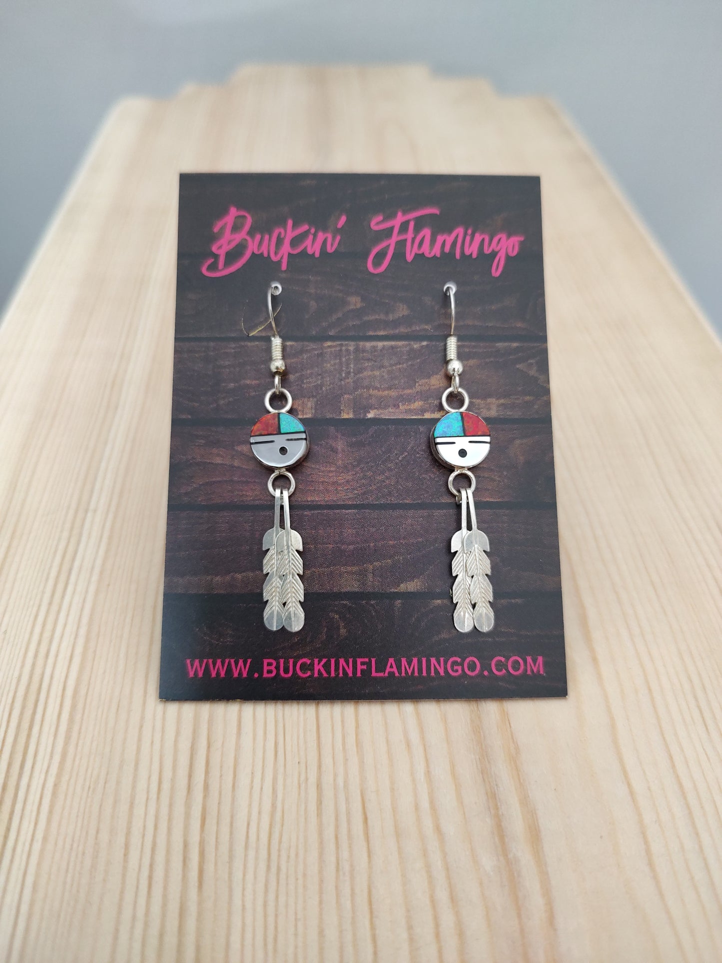 Mother of Pearl, Black Jet, Blue and Red Lab-Created Opal in Zuni Sun Face with Two Feathers on Hook Earrings