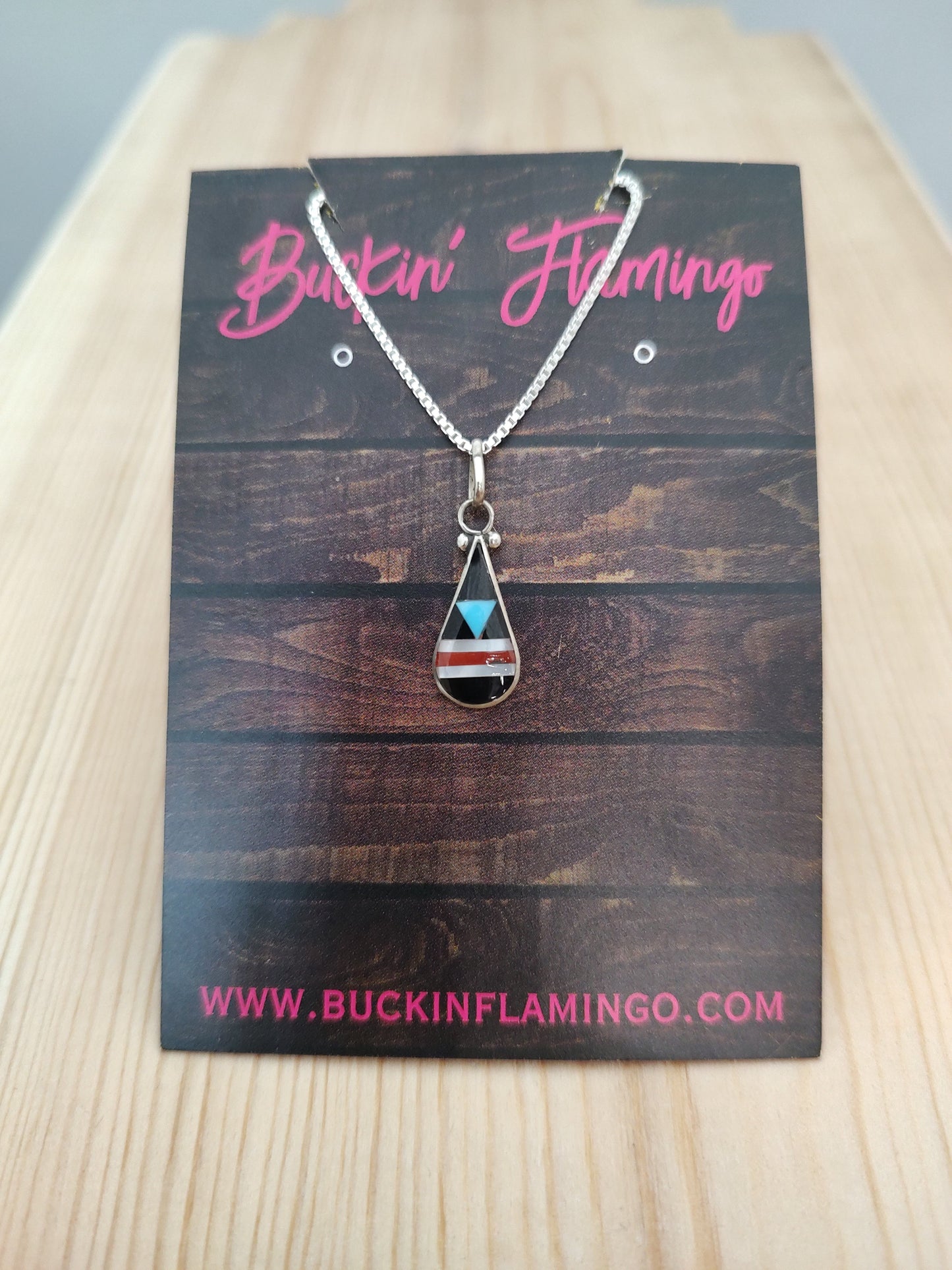 Inlay Zuni Teardrop Pendant with Silver 18 Inch Silver Necklace