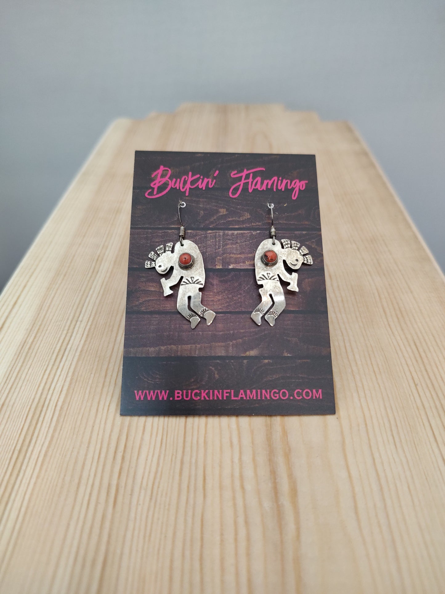 Coral on Kokopelli in Dangle Hook Earrings