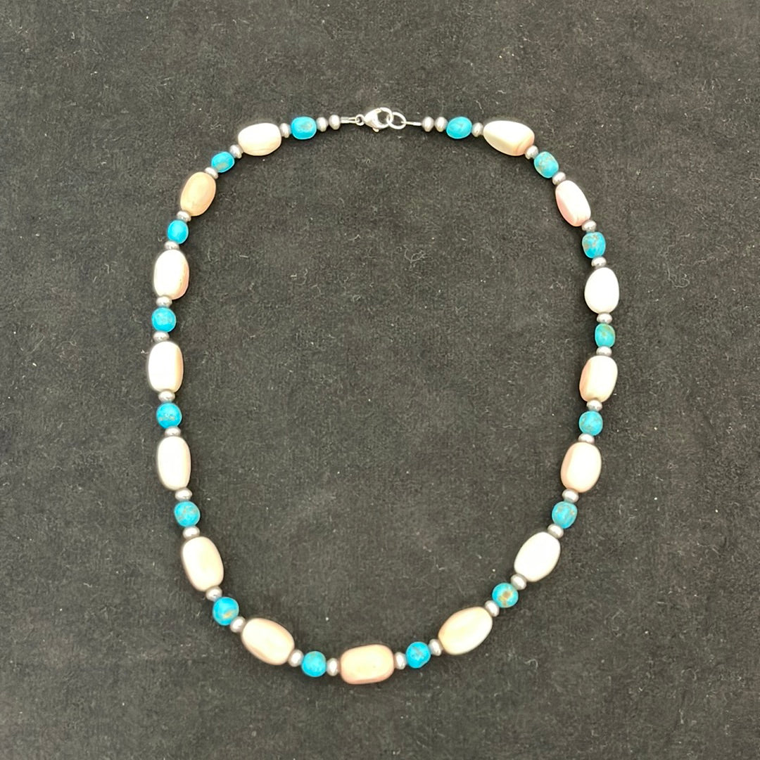 18" Pink Conch Shell Bead with Turquoise Necklace