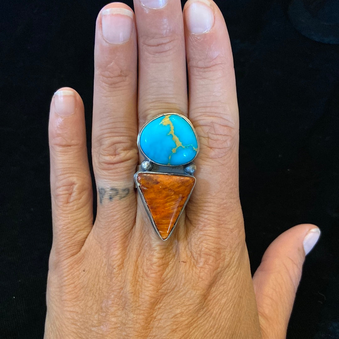 White Water Turquoise & Spiny Oyster Adjustable Ring