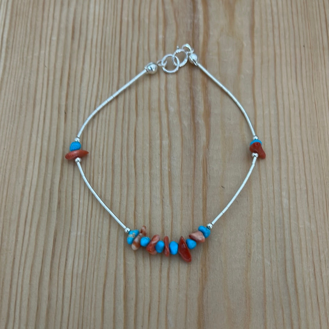 7” Liquid Silver bracelet with Spiny Oyster & Sleeping Beauty Turquoise