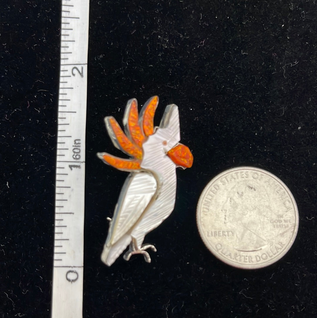 Citron-Crested Cockatoo Mother of Pearl, Orange Opal Inlay in Pin/Pendant