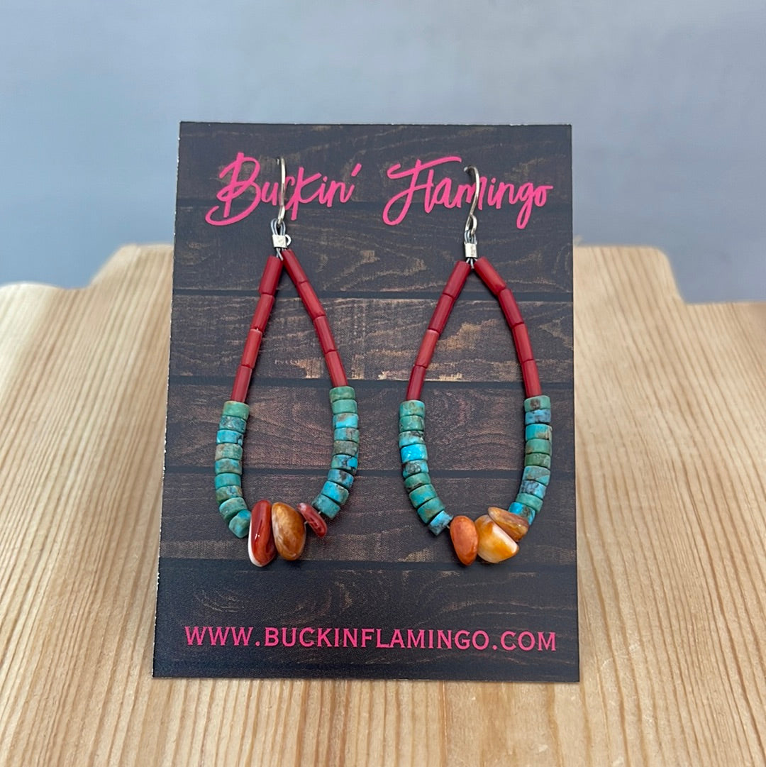 Coral, Spiny Oyster and Turquoise Heishi Dangle Earrings