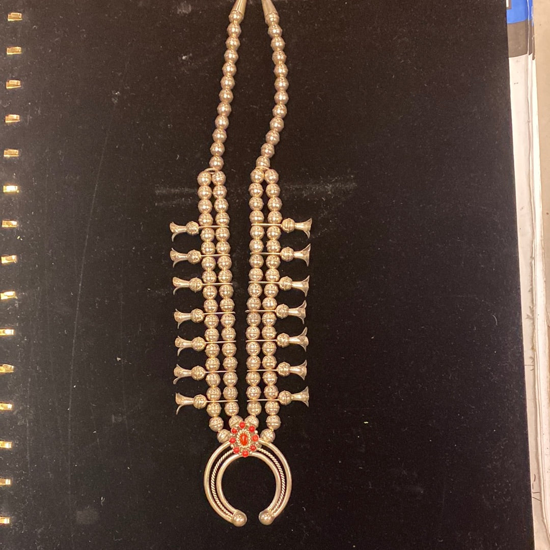 18" Native American Made Squash Blossom with Red Coral by Nate Curly, Navajo