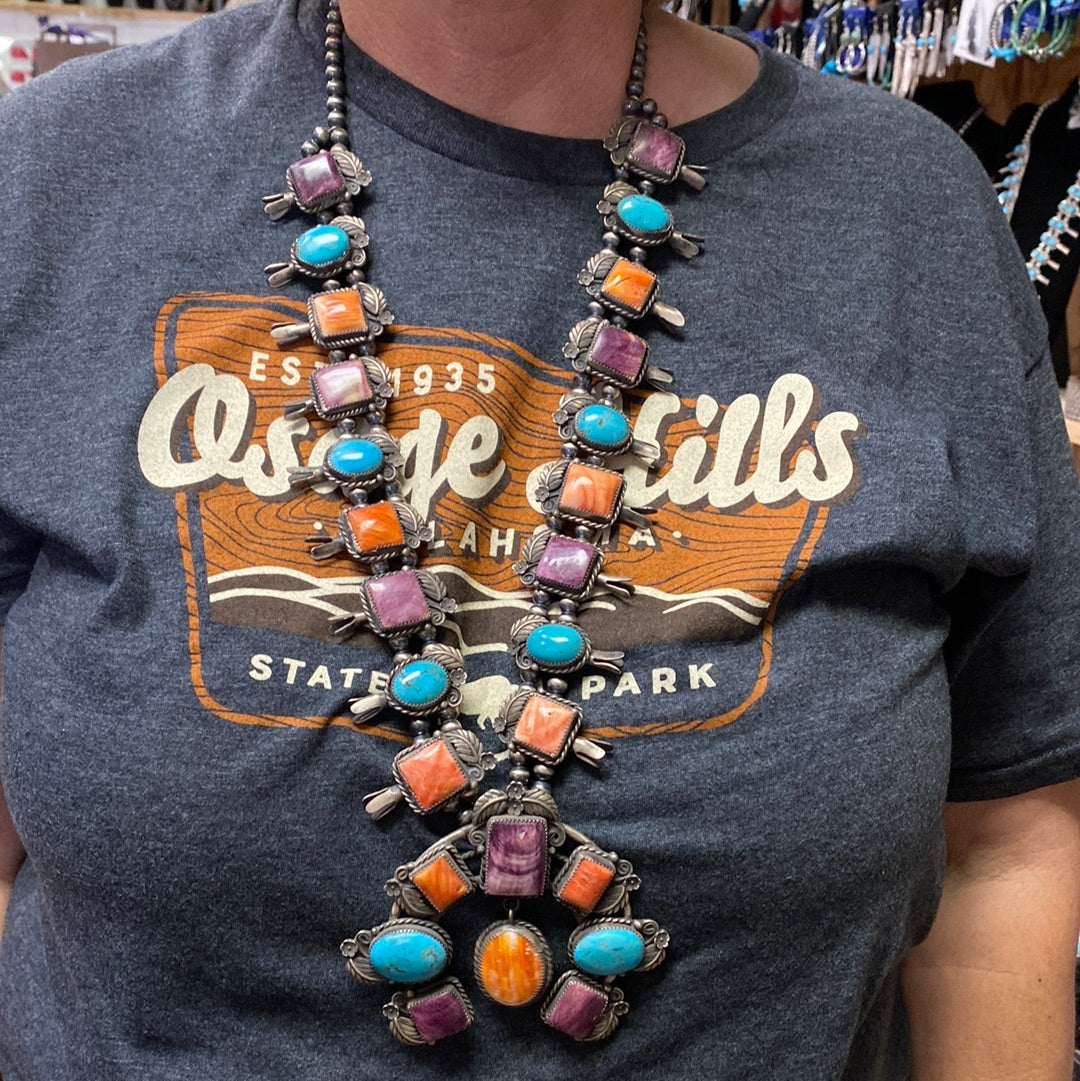 Squash blossom necklace with orange and purple spiney oyster and turquoise