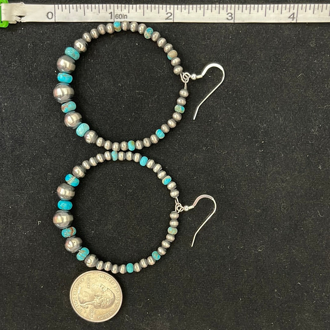 Graduated Navajo Pearl & Turquoise Hoop Hook Earrings