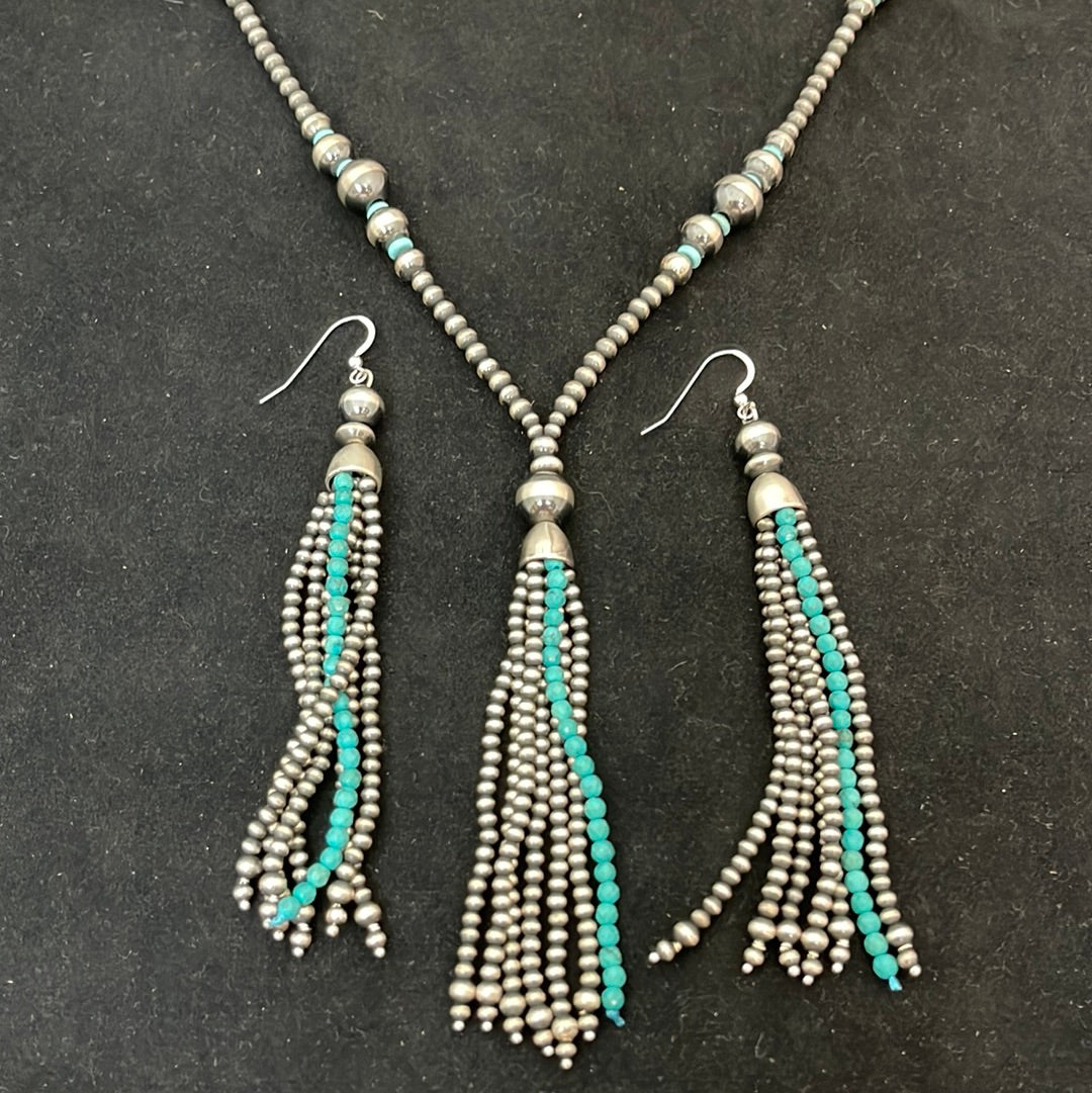 36” Navajo Style Pearl Tassel Necklace & Earring Set