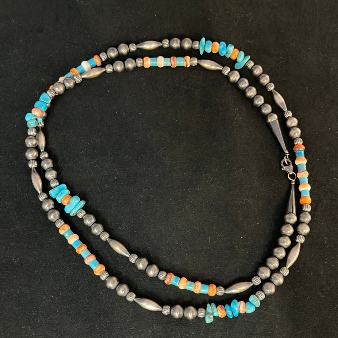 34" Vintage 7mm Handmade Navajo Pearl with Turquoise & Spiny Oyster Necklace