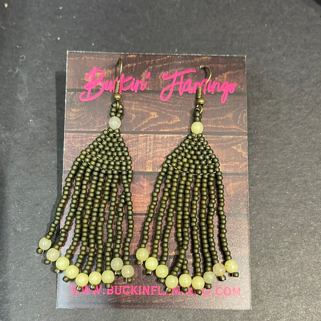 Olive Green Seed Bead Hook Earrings