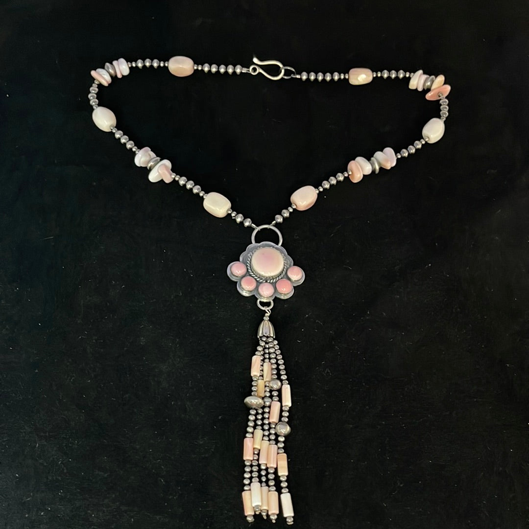 Pink Conch Shell Barrel, Chip, and Bar Bead Necklace by Gilbert Platero, Navajo