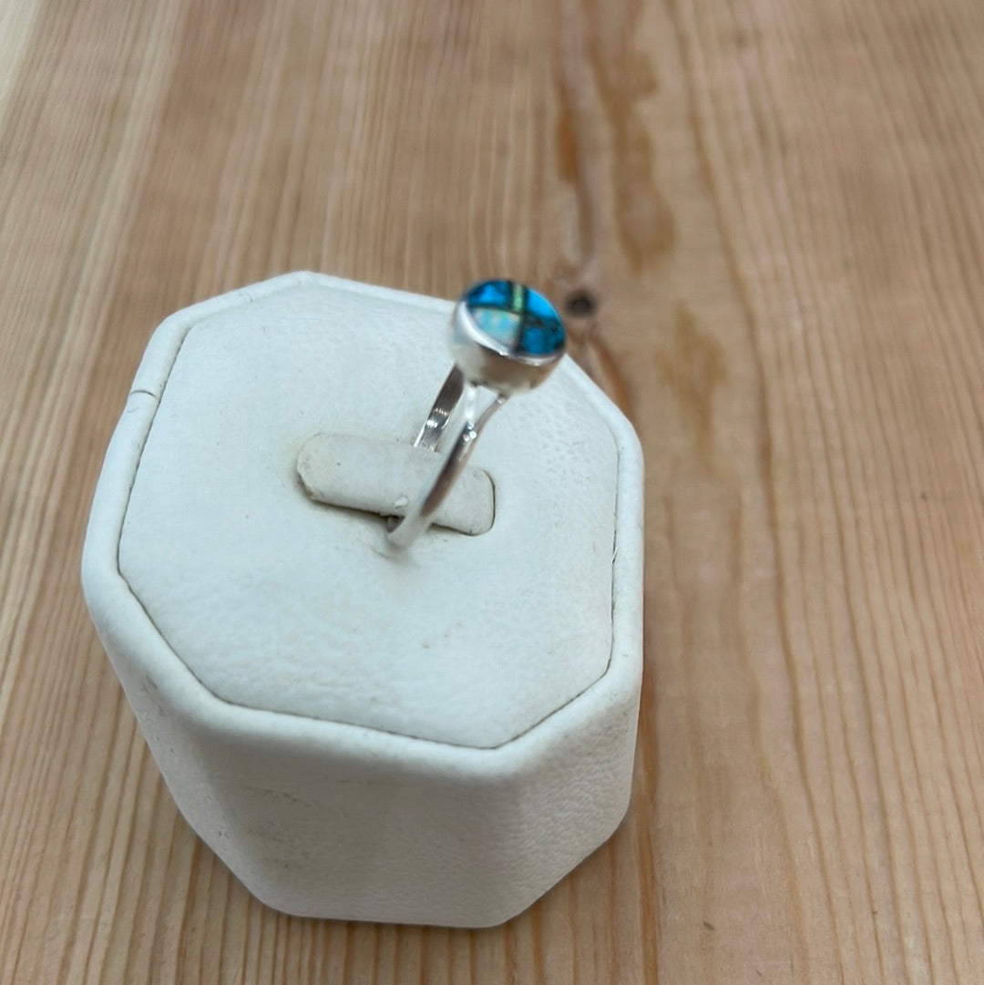 5.5 Zuni Turquoise, Opal, Black Jet Inlay Ring