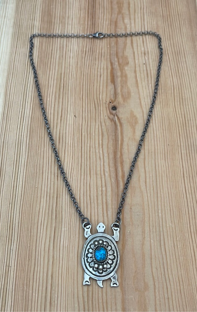 18" Turtle Necklace with Turquoise by B. Begay, Navajo