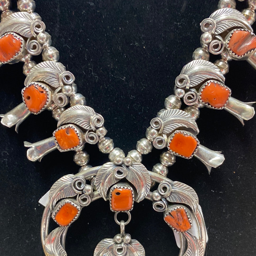 Red Coral Squash Blossom Necklace with Matching Earrings