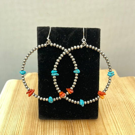 Navajo Pearl Hoop with Turquoise and Coral Earrings