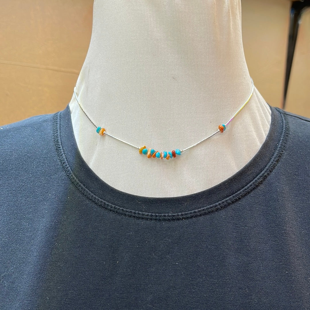 16" Liquid Silver Necklace with Sleeping Beauty Turquoise & Spiny Oyster