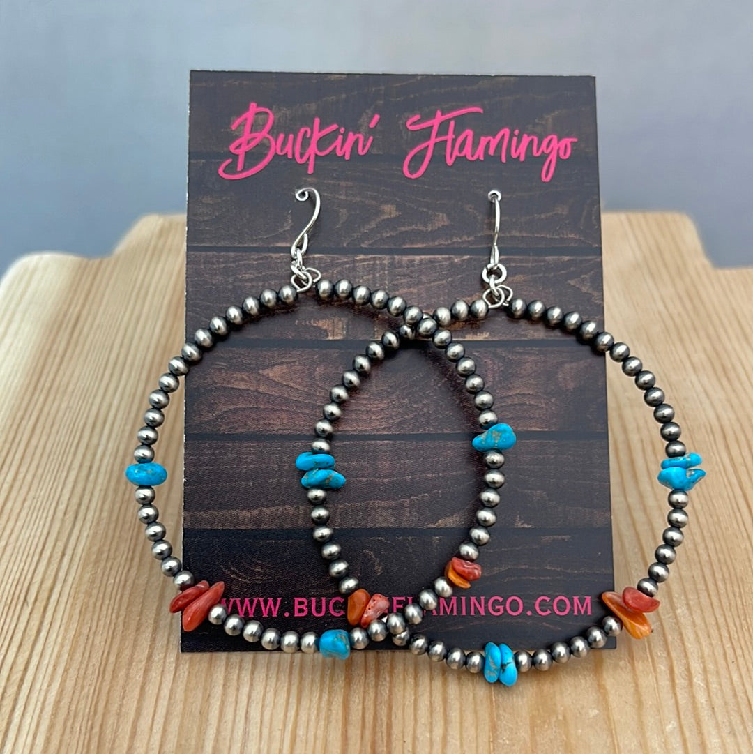 Navajo Pearl Hoop with Turquoise and Coral Earrings