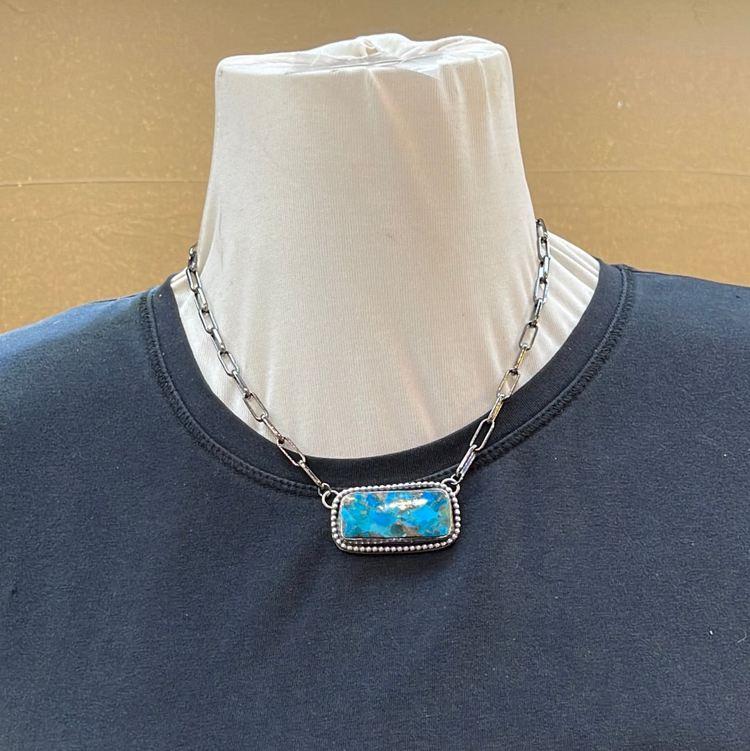 Persian Turquoise Bar 16" Paperclip Necklace