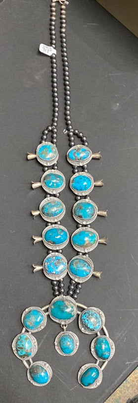 Huge Native American Kingman Turquoise squash blossom necklace by Gilbert Nez, Navajo