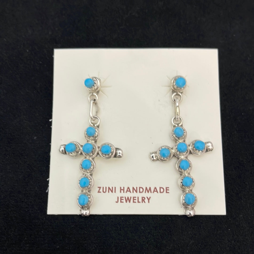 Sleeping Beauty Turquoise Post Dangle Cross Earrings