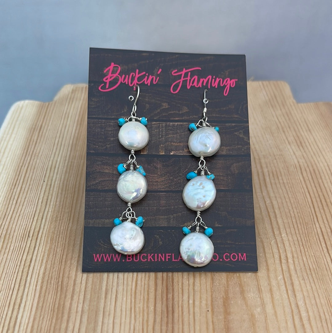 Freshwater Pearl & Sleeping Beauty Turquoise Hook Earrings