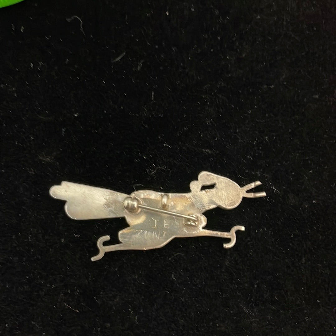 Mother of Pearl, Coral, Black Jet, and Sleeping Beauty Turquoise Inlay on a Roadrunner Pin/Brooch/Pendant
