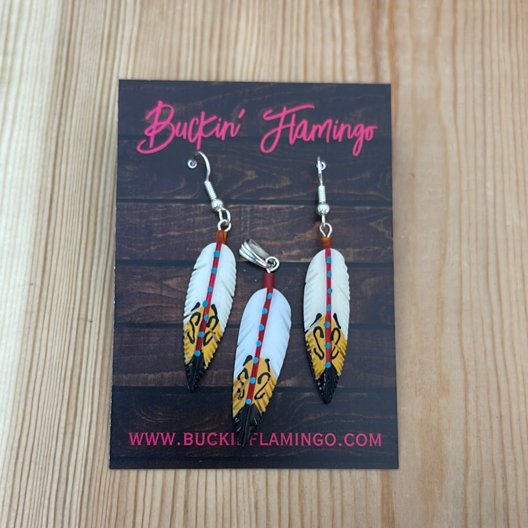 Painted Bone Feather Earring & Pendant Set